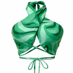 Cotton Candy LA Green Halter Crop Top Medium Retro Swirl Tie Back Blouse
